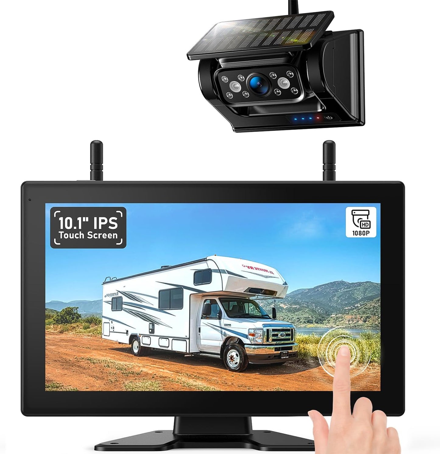 10.1" Magnetic Solar Wireless Backup Camera System, HD1080P Loop Recording 10.1 Inch Touchscreen Monitor with Quad RV Backup Cameras Wireless System for RV Trailer Tractor Truck, BL101