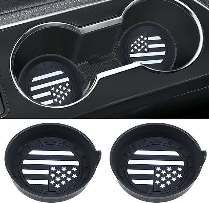 Amooca Car Cup Coaster Universal Non-Slip Silicone Cup Holder Insert Car Interior Accessories for Drink American Flag US Flag 2 Pack Black