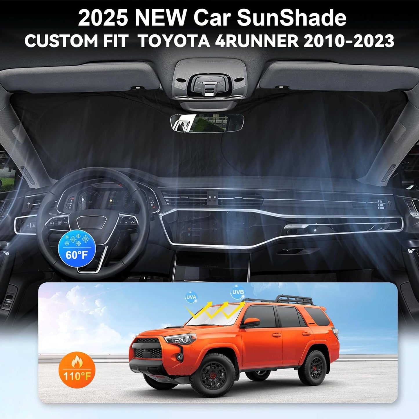 Car Windshield Sun Shade for 4Runner 2003-2009-Sunshade for Front Window Cover Custom Fit Toyota RAV4 4Runner Sequoia Land Cruiser Sun Visor Protector 210T Fabric Foldable Shades Block UV Ray (M+