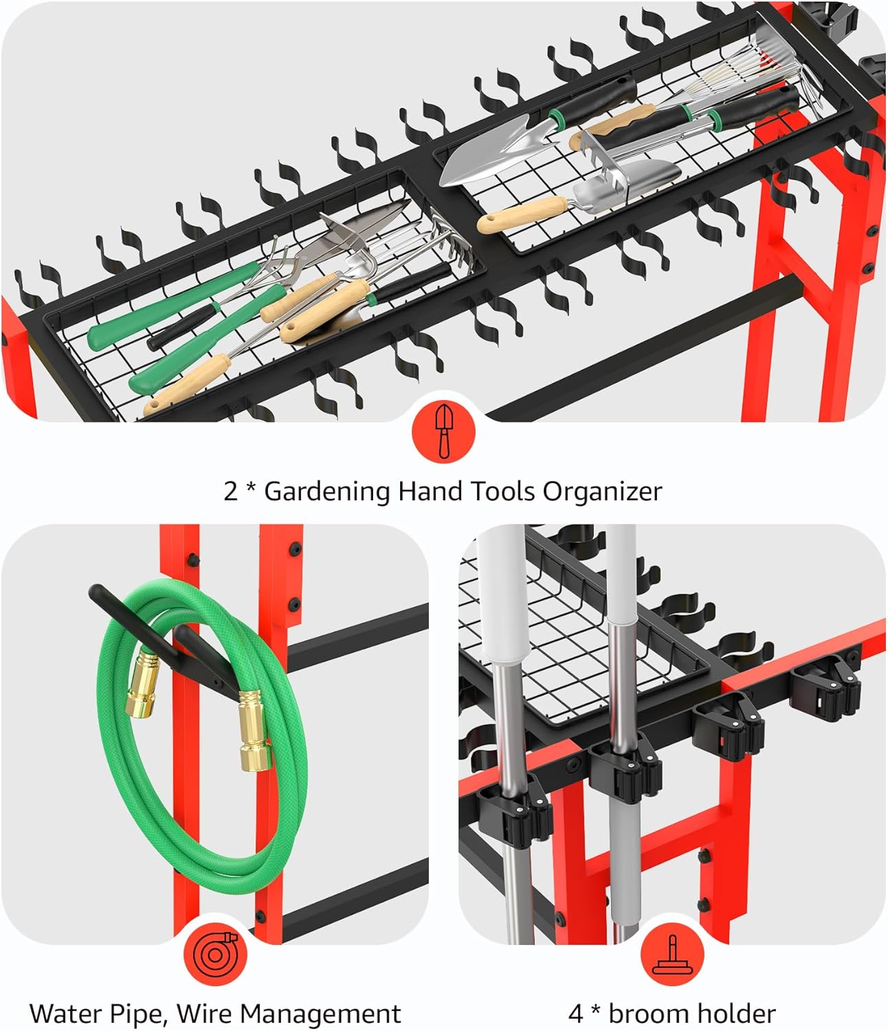 CCCEI Garage Organization with Wheels, Outdoor Gargen Yard Shed Tools Organizer Cart, Home Storage for Cleaning Supplies, Broom Holder, for Shovel and Rake, Long Farming and Farming Tools, Red.