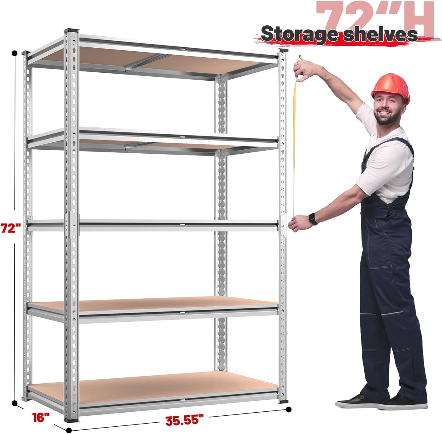 REIBII 2020LBS Garage Shelving Heavy Duty 5-Tier Storage Shelves Adjustable Metal Shelving for Warehouse, Basement, Easy Assembly, 72" H x 35.55" W x 16" D, Galvanized