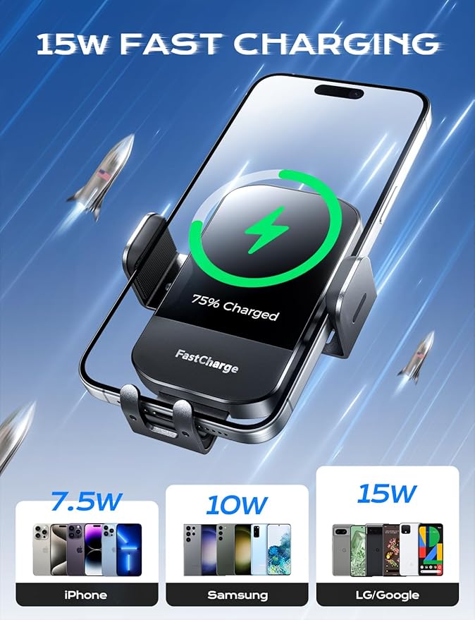 CHGeek Wireless Car Charger, 15W Fast Charging Auto Clamping Car Charger Phone Mount Phone Holder fit for iPhone 16 15 14 13 12 Pro Max 11 XR XS, Samsung Galaxy S24 Ultra S23 S22 S21, S20, S10+, Black