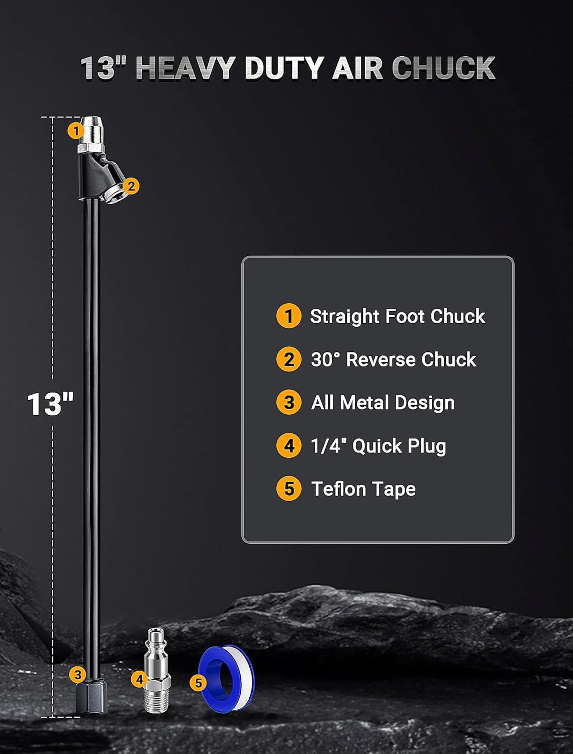 13'' Dual Head Air Chuck Set, Heavy Duty Extended Reach Tire Chuck w/Quick Plug for Semi Tire Inflation, 1/4" FNPT Straight Lock On Tire Inflate Chuck for Air Compressor Semi Truck RV Dually Tires