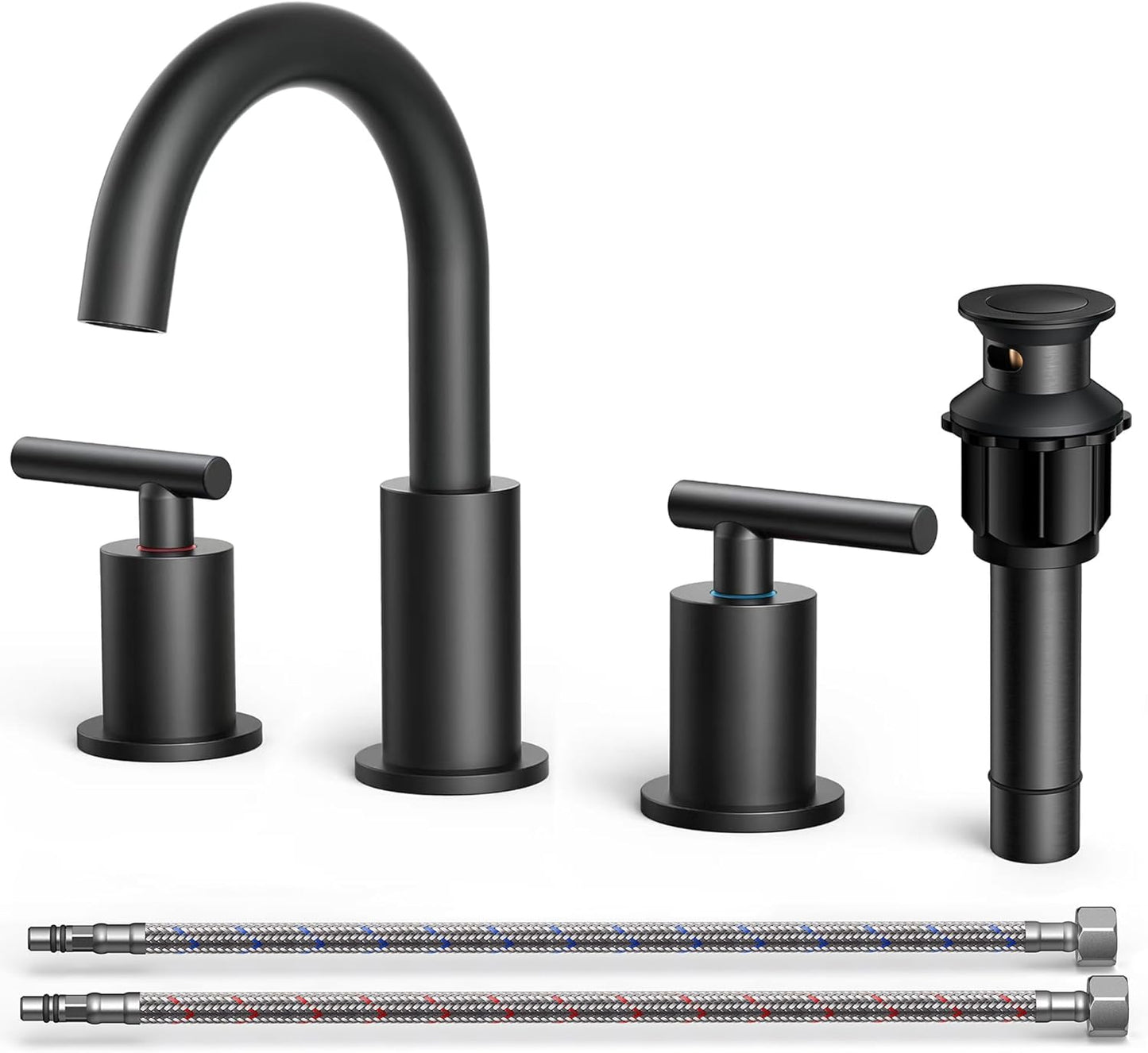 FORIOUS Bathroom Faucets 3 Hole, Matte Black Bathroom Sink Faucet 3 Hole Vanity with 360° Swivel Spout, Suitable for 8 Inch Widespread Sink with Metal Pop-up Drain and cUPC Supply Line, Commercial