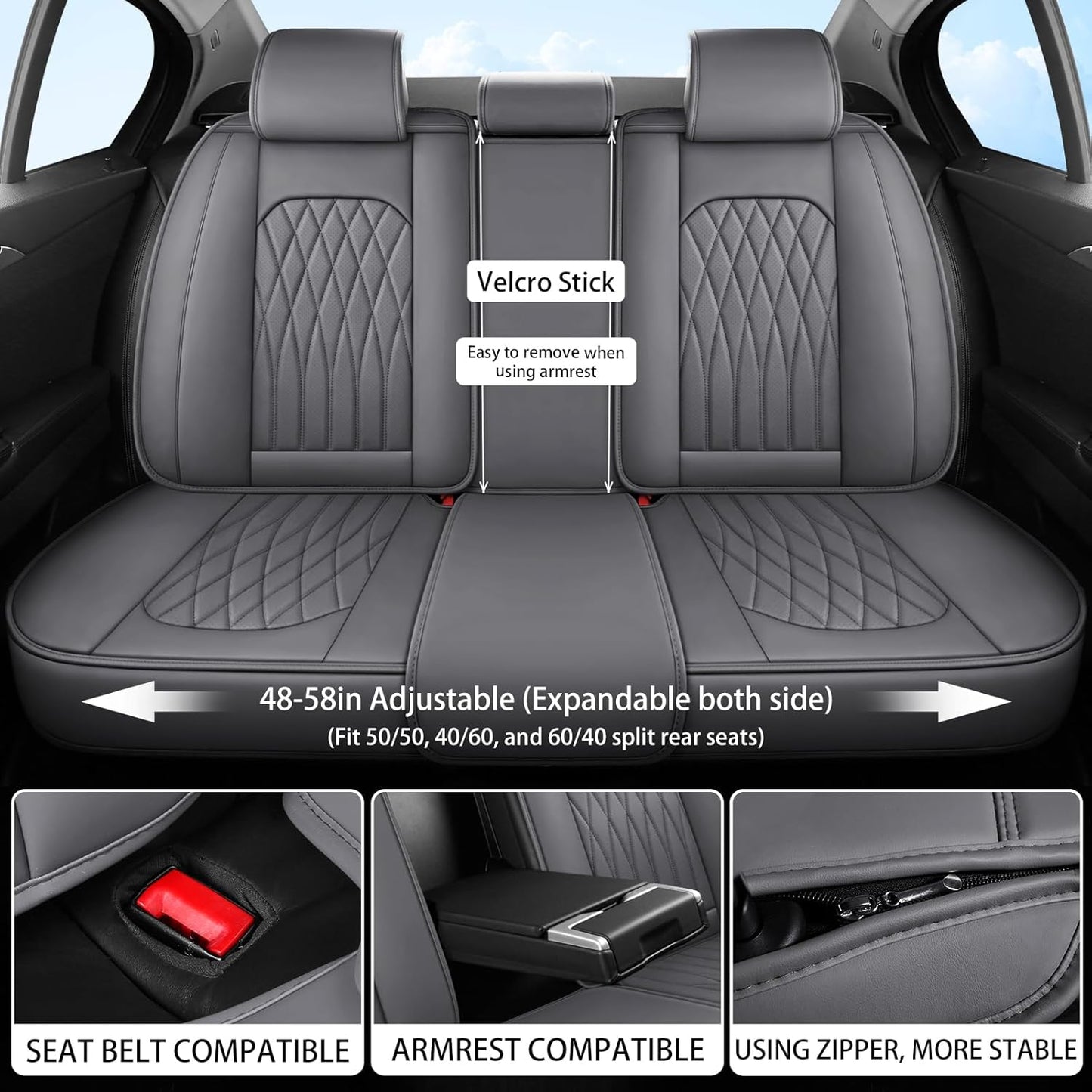 WELLDO Car Seat Covers Full Set, Faux Leather Seat Covers for Cars, Car Seat Protector Waterproof, Non-Slip Car Interior Covers Full Set Universal Automotive Seat Covers for Most Cars SUVs, Gray