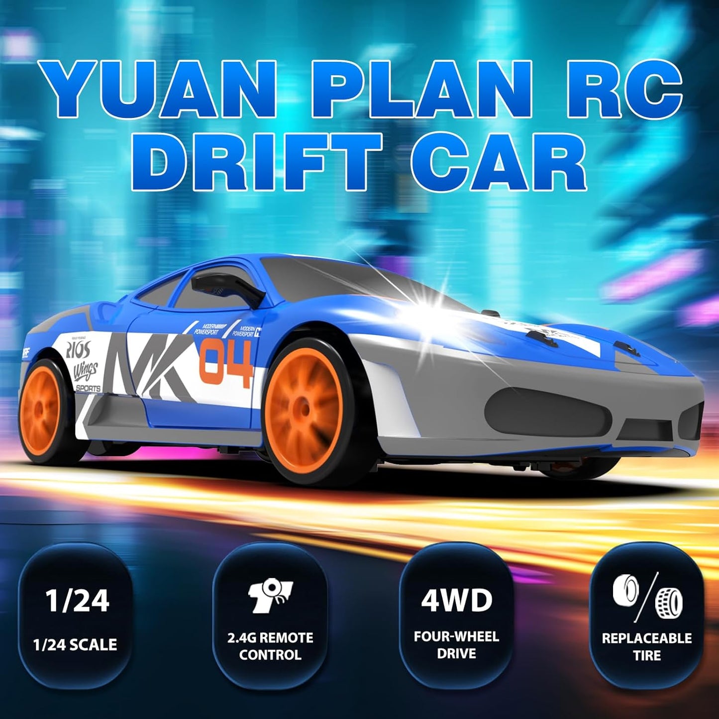 RC Drift Car 2.4GHz 1:24 Scale 4WD Remote Control Car 15KM/H High Speed Drifting RC Cars with Cool Lights, Two Batteries and Extra Tires Toys for Kids Boys Girls Adults, Blue