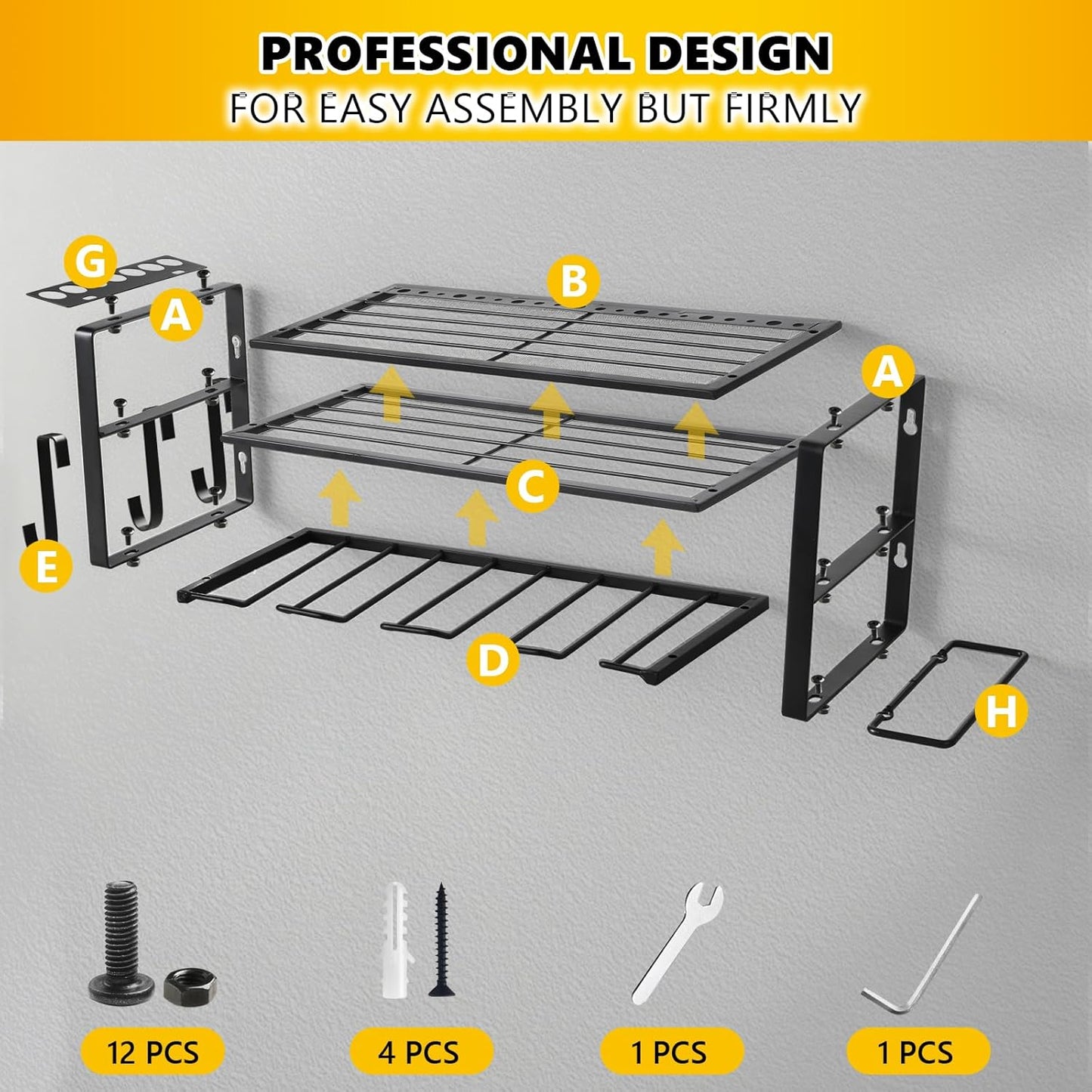 Power Tool Organizer Wall Mount,battery storage rack,Heavy Duty Iron Material, Garage & Workshop Tool Organizer Storage,150Lbs Load 3 Layers Storage Rack with 4 Drill Holders for Drills Cordless Tools