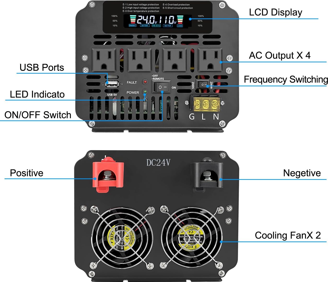 LVYUAN 5000 Watt Power Inverter 24V to 110V 120V for Vehicle, Solar Inverter System, Heavy Duty, RV, Truck, Off Grid,Camping with 4 AC Outlets, LCD Display, Wireless Remote Control, Car Power Inverter