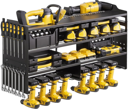oviitech Power Tool Organizer Wall Mount, 8 Drill Holder Wall Mount Loads 400lbs, 4 Layer Heavy Duty Metal Power Tool Storage, Black, Utility Rack for Garage Workshop, Gifts for Men