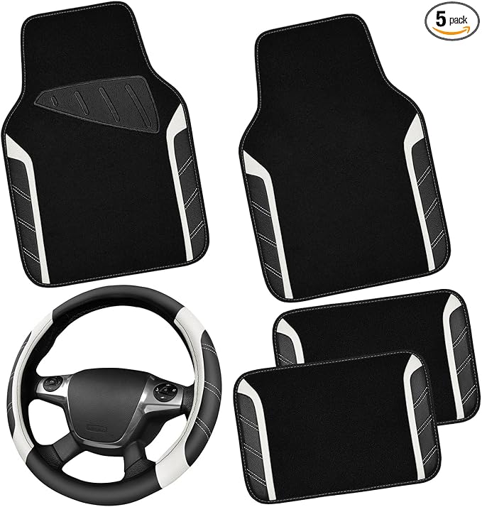 CAR PASS Leather Steering Wheel Cover and Waterproof Car Floor Mats, Microfiber Universal Car Combo Fit for 95% Sedan SUV Van,14.5-15 inch Sporty Anti-Slip Safety Comfortable Design, Black＆White