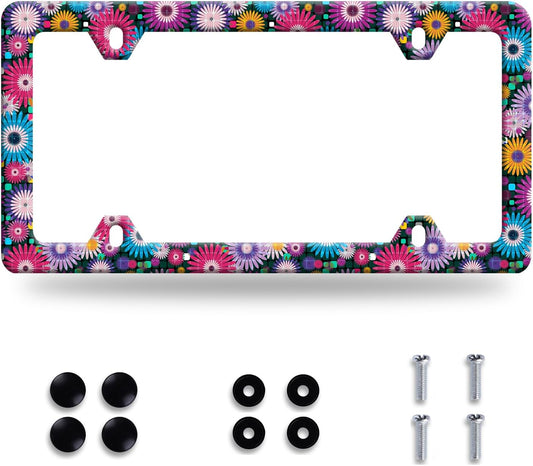 Abstract Hippie Flowers License Plate Frame Floral License Plate Stainless Steel Funny License Plate Holder Colorful Car Accessories With Screws Car Decoration 12.3" x 6.3" Fits Standard Vehicles Size