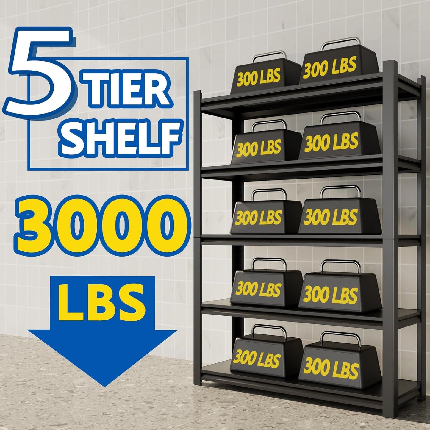 72''H Garage Shelving Heavy Duty, 3000LBS Storage Shelves, 5-Tier Adjustable Metal Shelve Storage Shelf Rack, Industrial Shelving Unit for Garage, Warehouse, Basement (47" W x 23.6" D x 72" H)