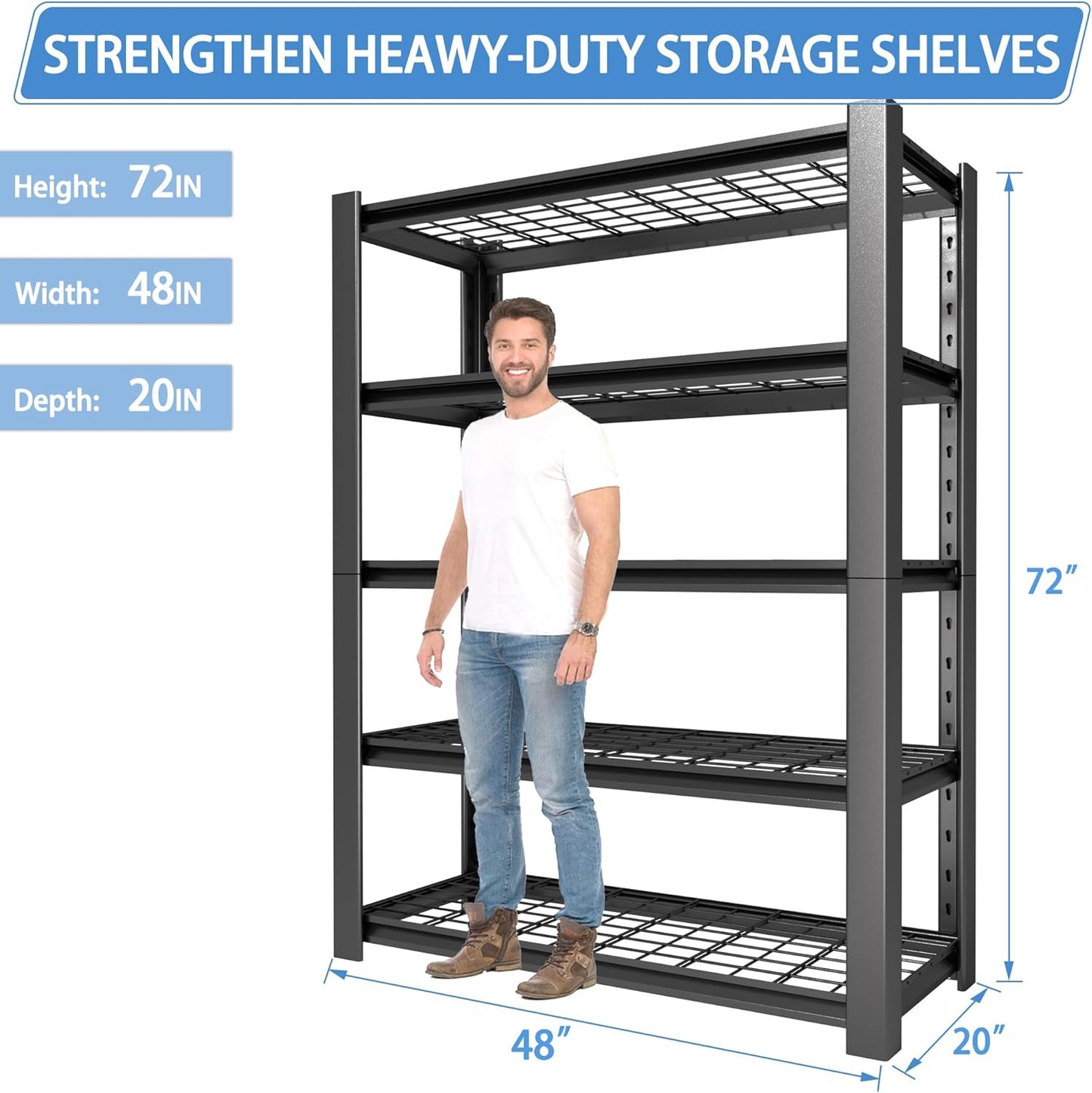 5-Tier Heavy Duty Garage Shelving Unit with Wire Shelves,3000 LBS Capacity Metal Storage Rack 72"H x 48"W x 20"D,Adjustable Boltless Steel Shelves for Garage,Basement,Pantry,Warehouse.4 Pack