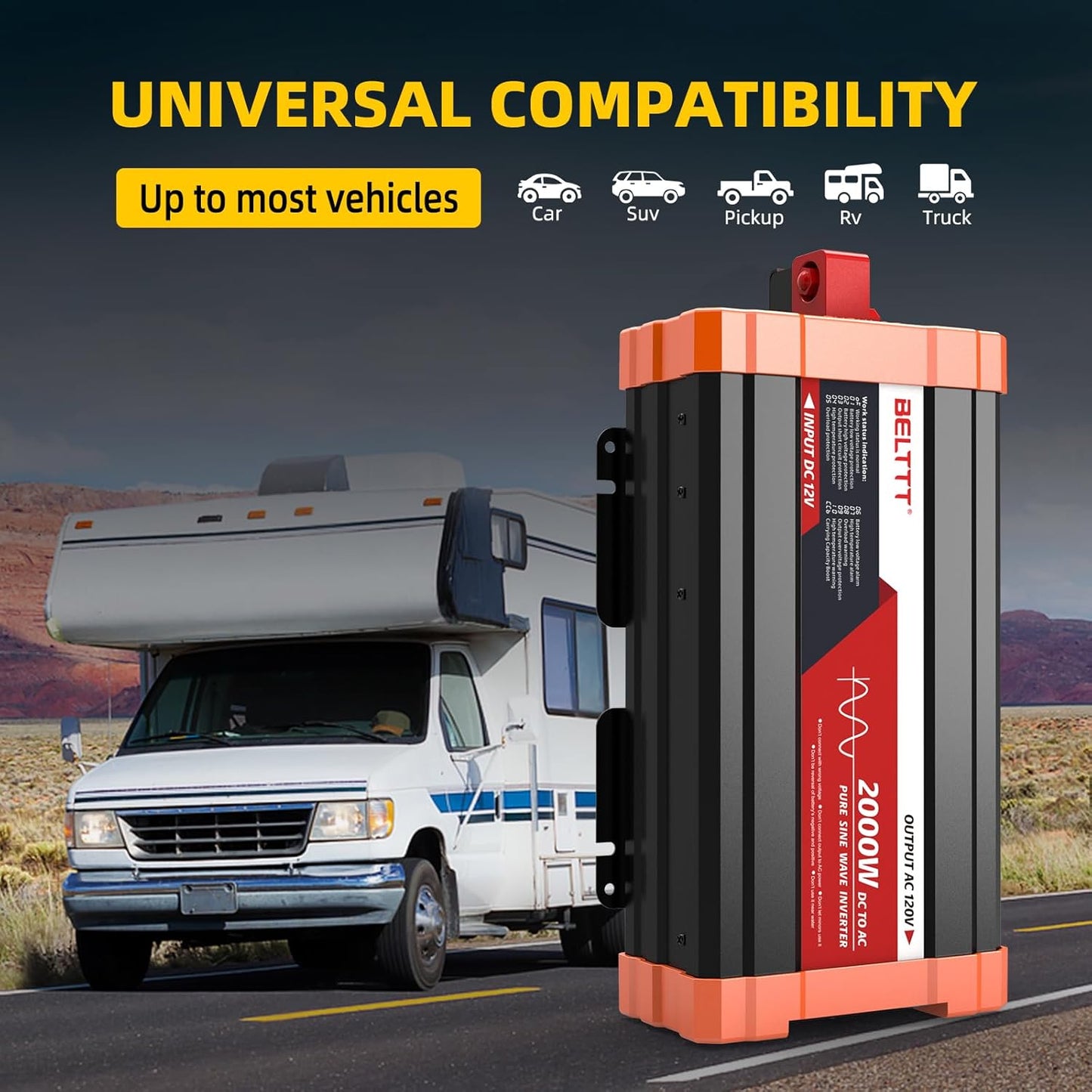 BELTTT 2000W Pure Sine Wave Inverter, Car Power Inverter 12V to 120V AC Converter for RV, Truck, Solar, Outdoor with Dual AC and 20A Socket, 5V 2.1A USB, Surge 4000W, Hardwire Port, Remote Controller