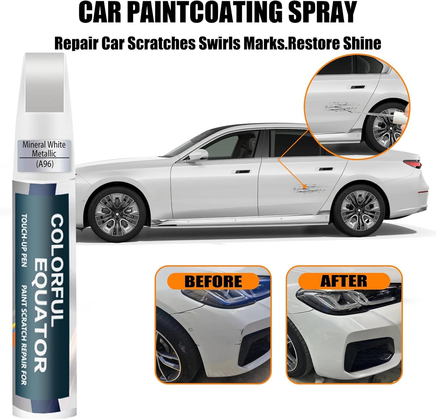 Mineral White Metallic(A96) Touch Up Paint for BMW, Car Paint Pen Scratch Repair Two-In-One Touch Up Paint, Premium Car Scratch Remover for Deep Scratches