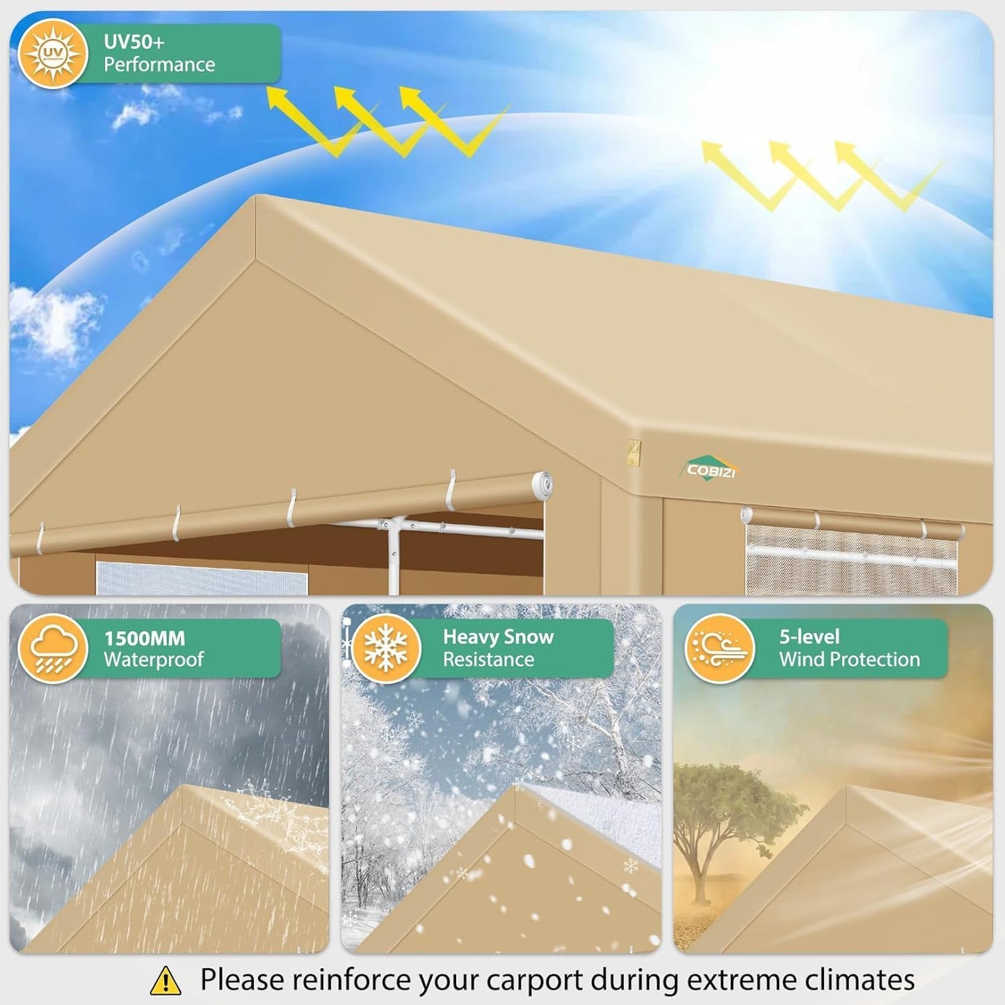 COBIZI Carport 10x20ft Heavy Duty Portable Garage, 2.0 Powder Coated Frame(Better Than Galvanized), Waterproof Shelter with Removable Sidewalls & Windows, Built-in Sandbags, for Car/Boat/SUV, Khaki