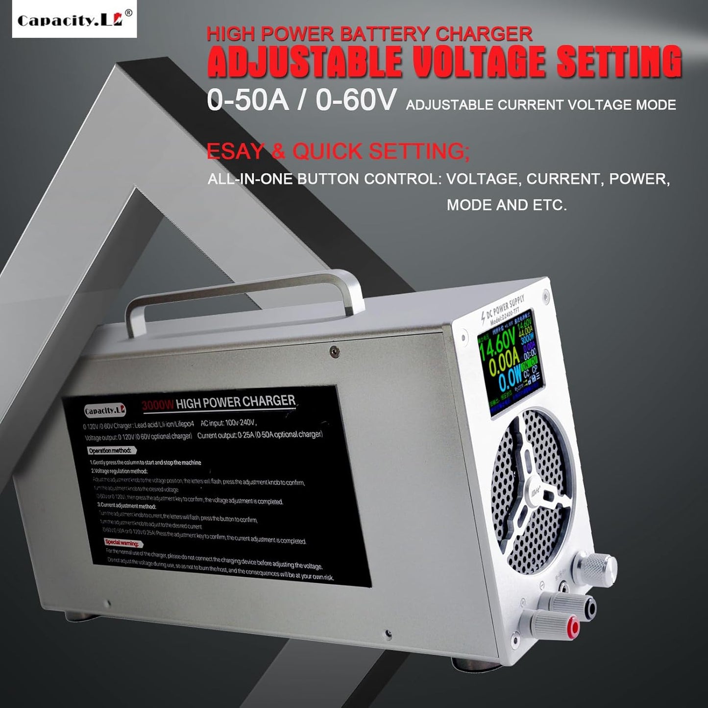 High Power Battery Charger, Upgraded Design LifePO4 Battery Charger, One Click Control Adjustable Current/Voltage Portable Adapter for LiFePO4 Lithium Iron Rechargeable Battery(60V/50A)