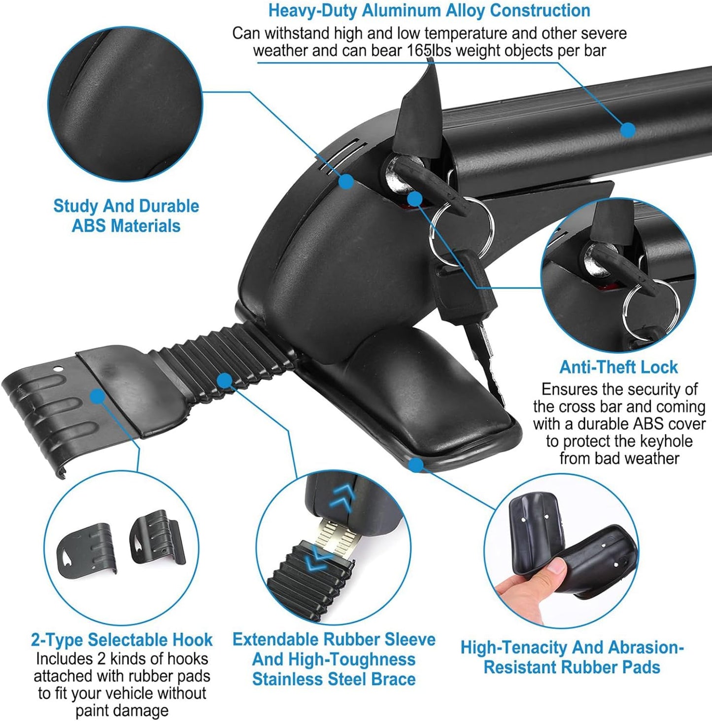 43inch Universal Car Roof Rack, Aluminum Car Roof Rack Cross Bars, Anti-Theft Lock, Adjustable Window Frame for Bike Kayak Cargo Luggage, 42.91-44.88 inch Distance Between Rain Grooves, 165LBS Load