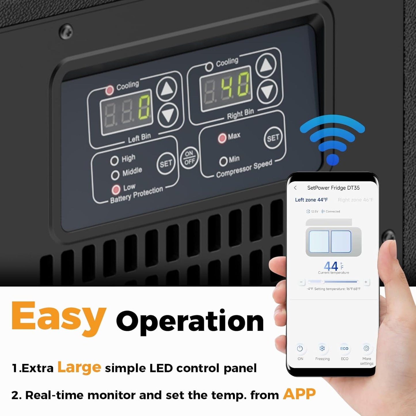 Setpower DT35 Electric Cooler Car Refrigerator with APP Control, 37QT(35L) Dual Zone Fridge Freezer, 12 Volt Portable Refrigerator Plug in Cooler for Vehicle,SUV,Truck