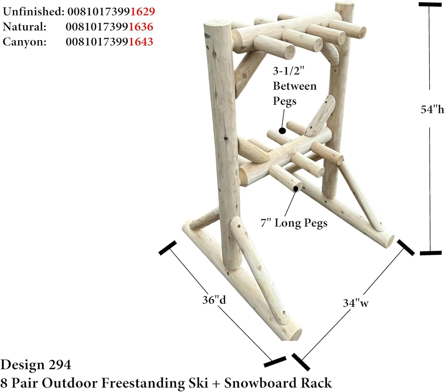8-Place Freestanding Log Ski Rack Holder, Indoor & Outdoor Snowboard Racks, Standing Storage, Garage Racks for Snow Skis, Durable Snowboard Rack Garage Storage Organizer - Natural