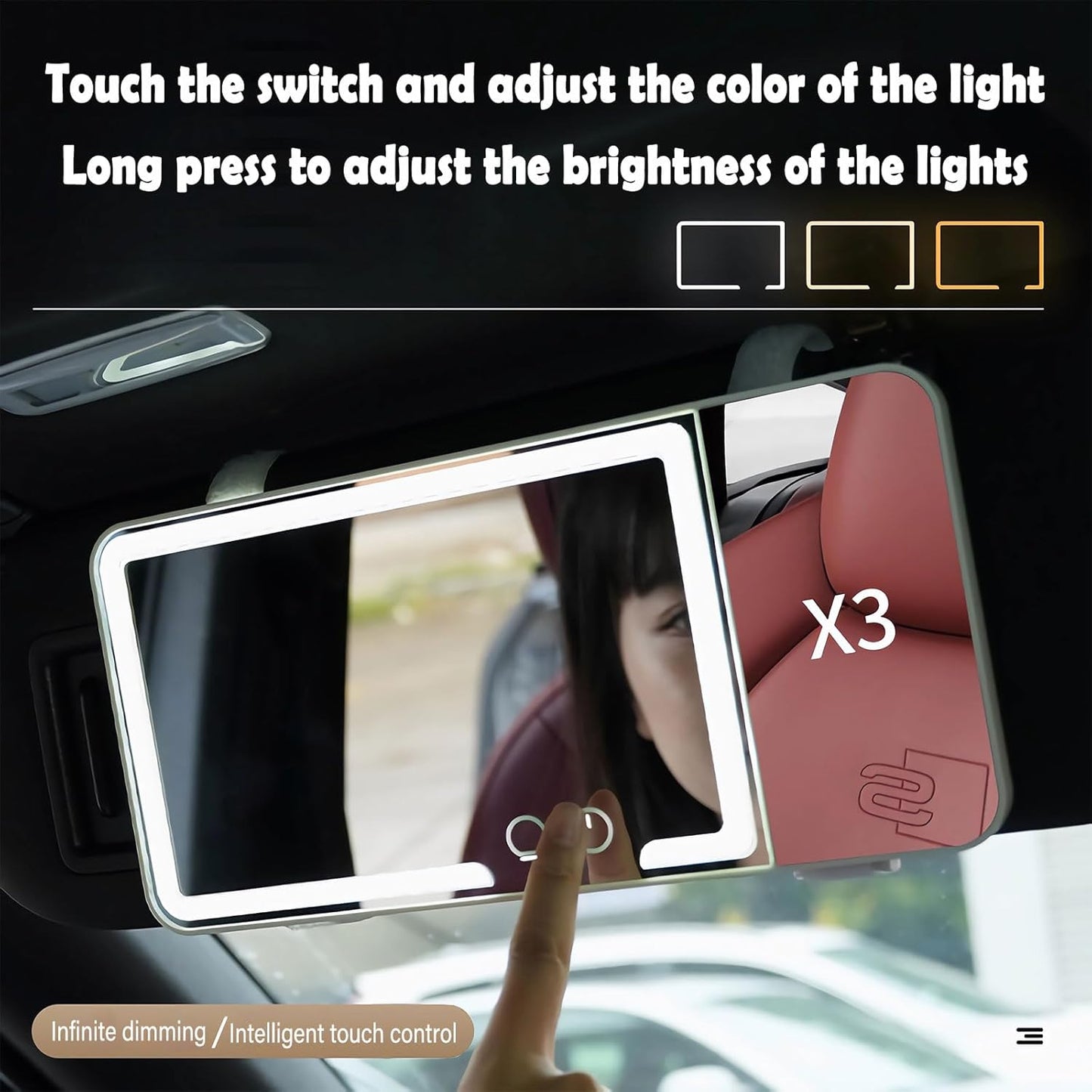 Car Sun Visor Vanity Mirror, Dimmable Touch Screen Makeup Mirrors with 3 Light Modes & 3x Magnifying for Women Detailed Makeup Universal Clip-on Rear View Sun-Shading Cosmetic Mirror (White)