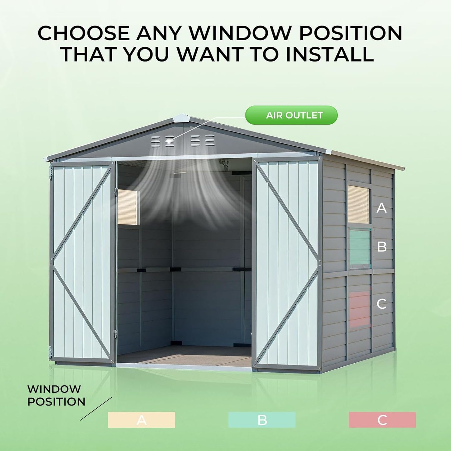 MyVoice 8x8 FT Wooden Outdoor Storage Shed with 4 Vents & 2 Adjustable Windows, DIY Cedar Tool Shed Kit, Garden Bike Firewood Storage, Waterproof Backyard Outdoor Shed for Patio, Lawn, Yard & Garage