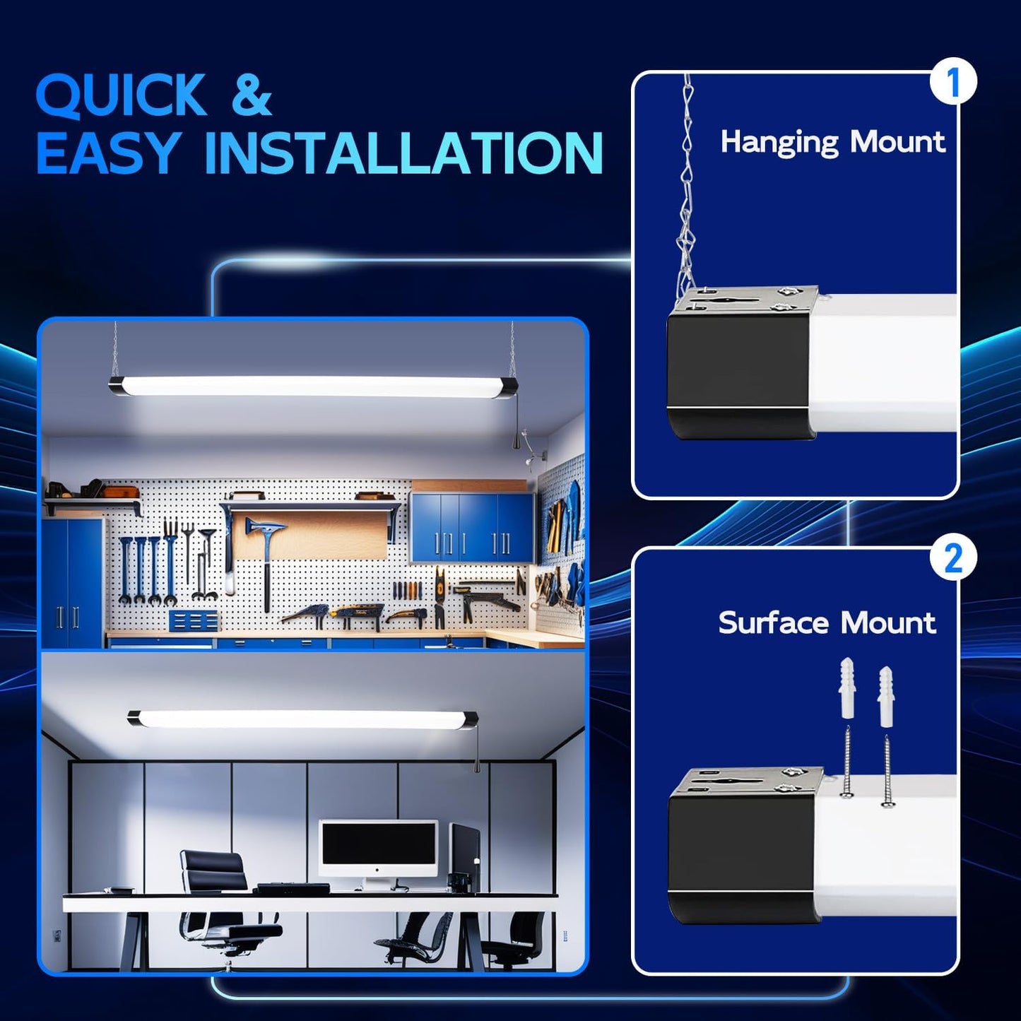 hykolity 4FT 70W LED Shop Light Linkable, 8000lm(300w Equivalent), 5000K Utility Shop Lights for Garages, Workshops, Basements, Hanging or FlushMount, with Power Cord and Pull Chain, ETL, Black,2 Pack
