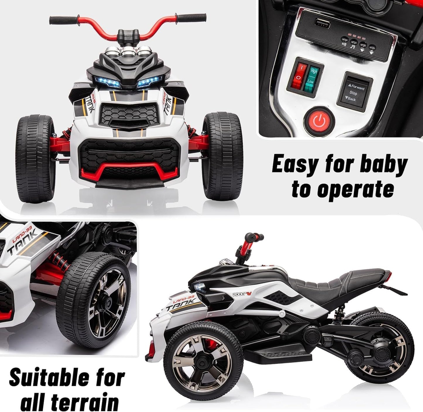12V Kids Electric Ride-On Car with Parent Remote Control, 7MPH, 2 Speeds, 2x55W Motor, LED Lights, Music, USB & EVA Tires, 3 Wheel Battery Powered Toy Vehicle for Toddlers