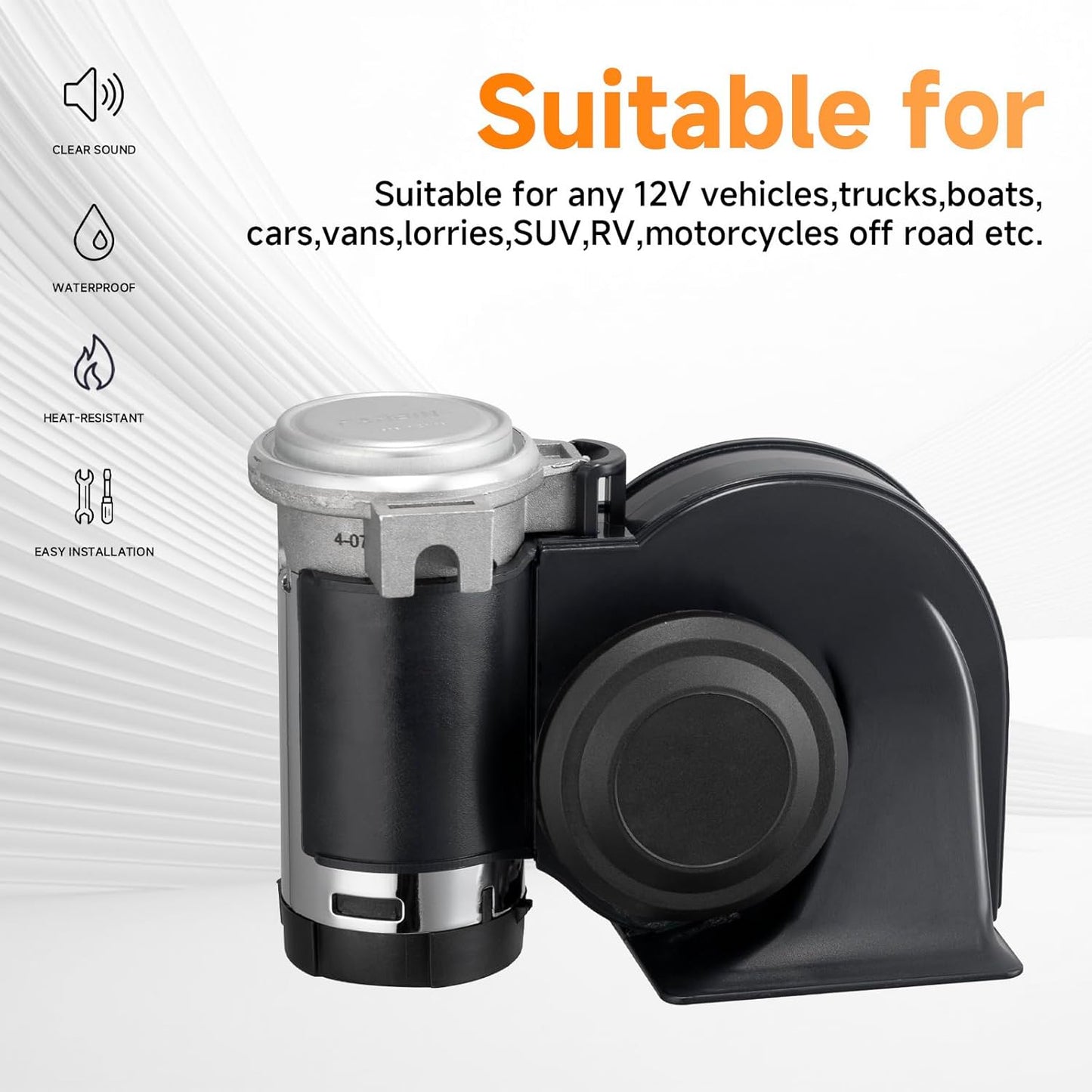 Air Horn for Truck,Super High Pitched Train Horn for Car, Waterproof Snail Horn for Motorcycles, Cars, trucks, trains and ships(black horn with wire, 12v)