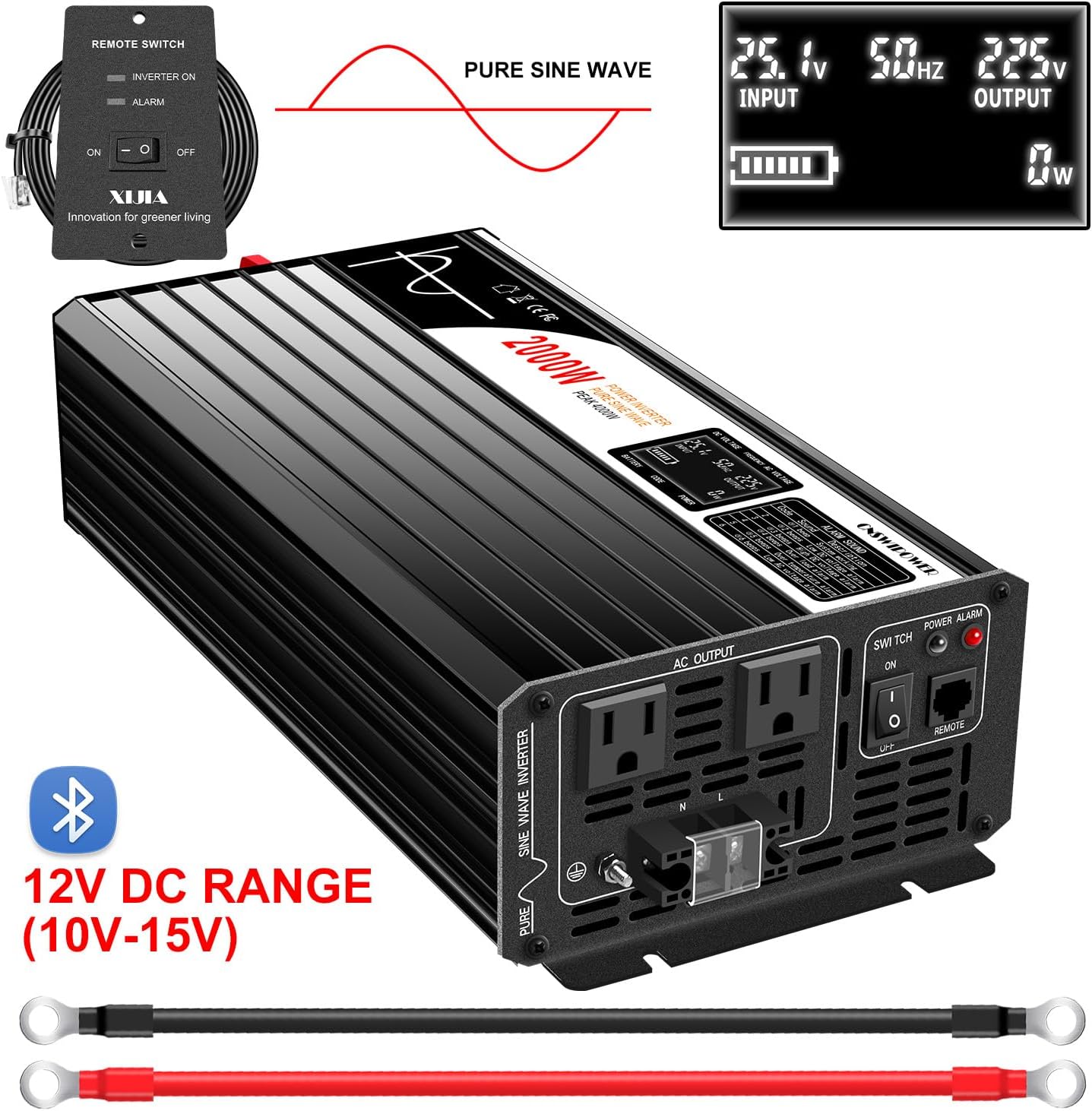 Xijia 2000W Pure sine Wave Power Inverter (Peak Power 4000W) dc 12v to 110v/120V ac 60HZ LCD-Display Bluetooth Remote Control,2 AC Outlets for RV, Camping, Boat,Outdoor