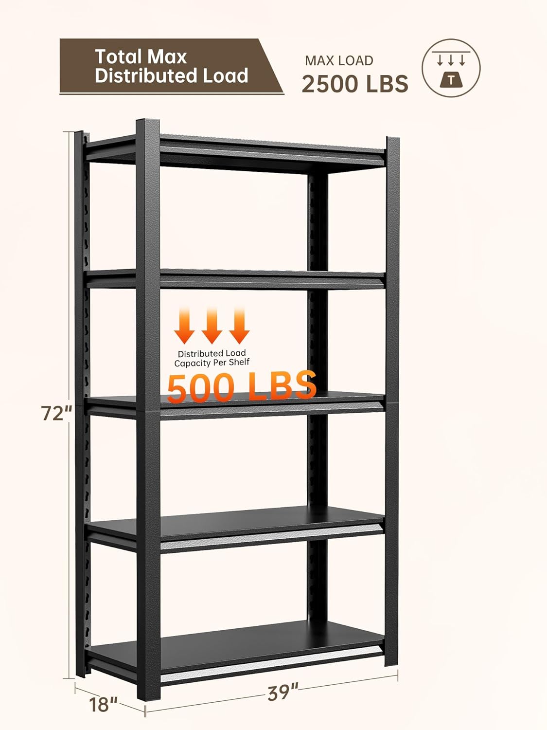 JHYKHG 39" W Storage Shelves,5-Tier Heavy Duty Garage Shelving,Adjustable Shelving Unit,Metal Shelf,Boltless Assembly Rack for Warehouse,Shed,2,500 lb Load,18 x 39 x 72 Inches,Black