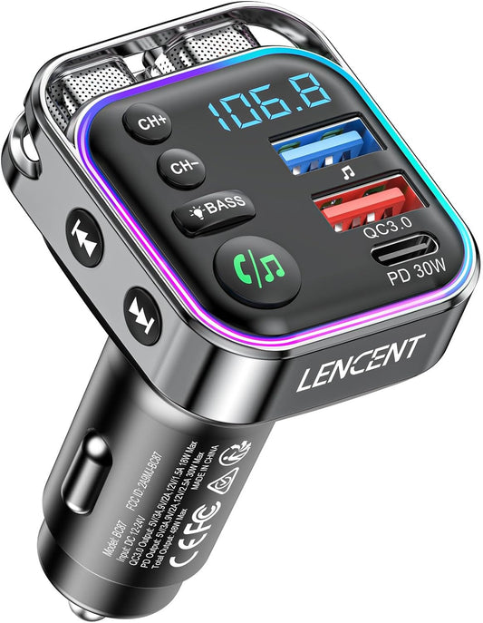 LENCENT Bluetooth 5.3 FM Transmitter Car Adapter 48W (PD30W & QC18W) Fast Charger, Light Switch, HiFi Bass Sound Audio Receiver Wireless Radio MP3 Music Player, Hands-Free Calling, Support USB Drive