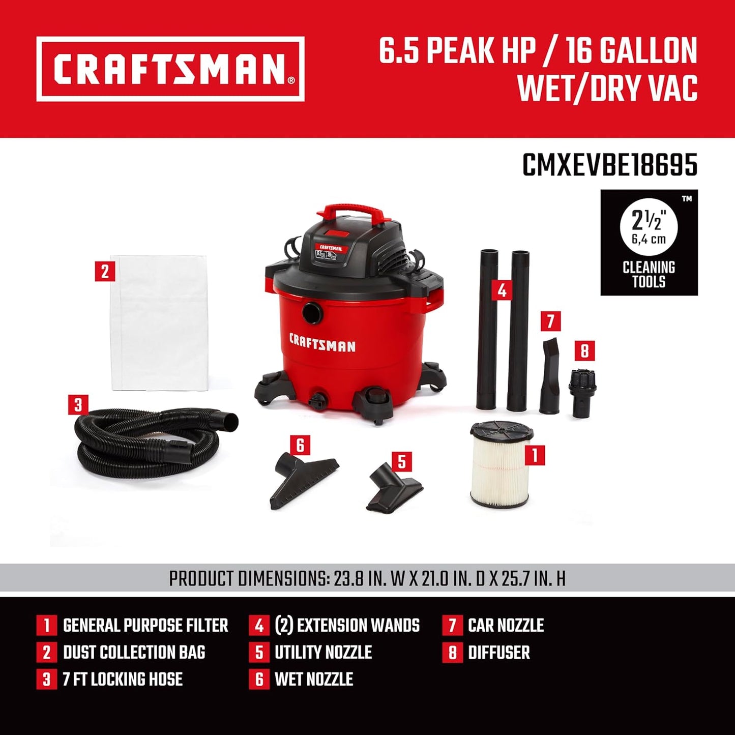 CRAFTSMAN CMXEVBE18695 16 Gallon 6.5 Peak HP Wet Dry Vac, Heavy-Duty Shop Vacuum Wet and Dry with Filter, Muffler/Diffuser, Dust Bag, Hose and Attachments for Home Projects & Renovations