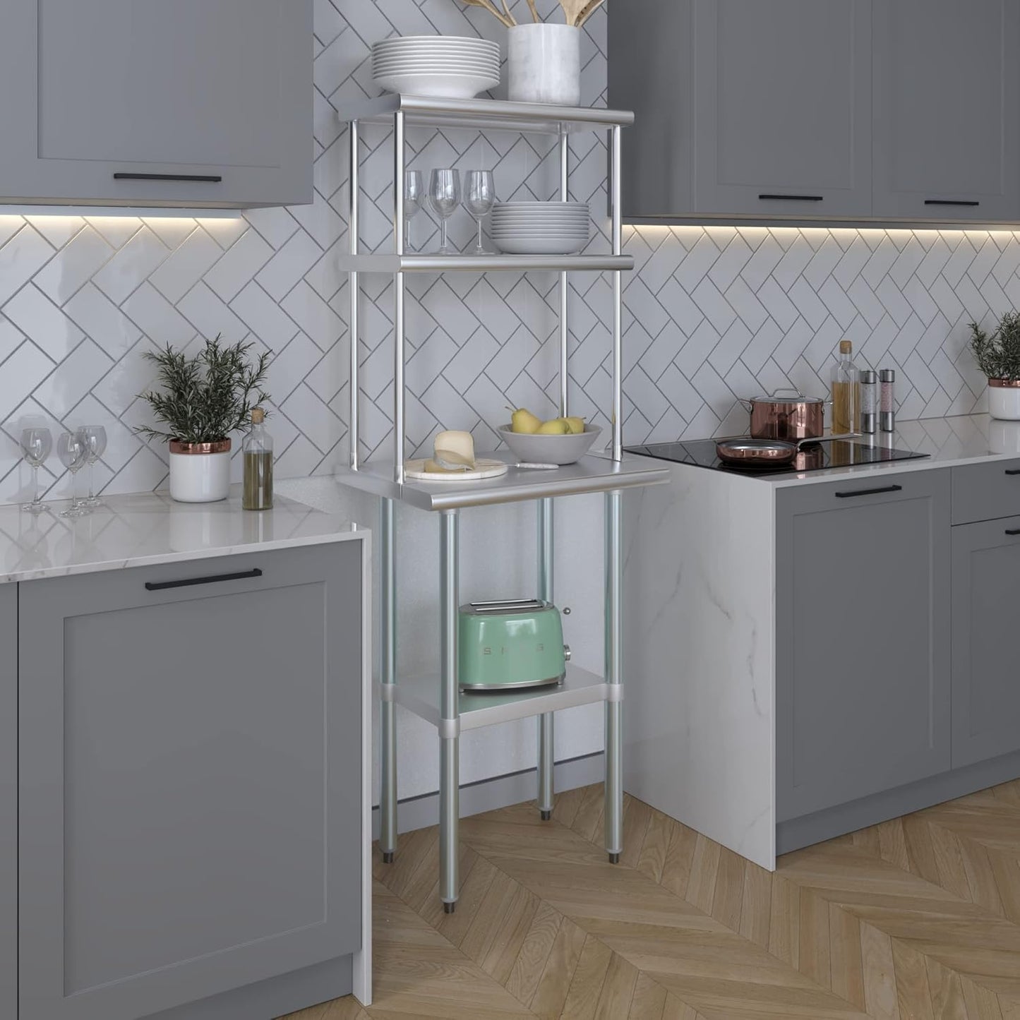 AmGood Stainless Steel Work Table Double Tier Overshelf | (18" x 24" Work Table + 12" Overshelf)