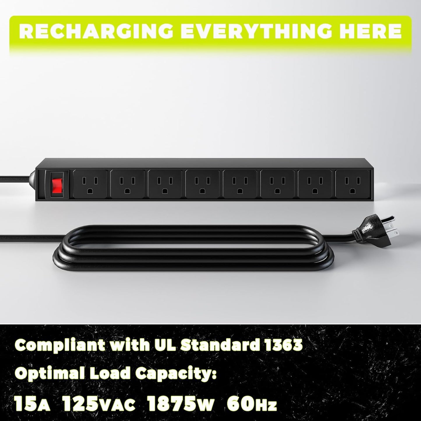 KAFAHOM Power Tool Organizer with Charging Station, Built in 8 Outlet Power Strip,Large 8 Drill Holder Wall Mount, Heavy Duty Metal Power Tool Storage Rack Tool Shelf for Garage Organization