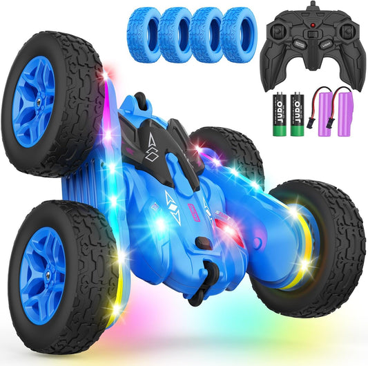 Remote Control Car, Rc Cars Stunt Kids Toys New Upgraded Strip Lights and Headlights Double-Sided 360° Rotating 4WD Drift Truck for Boys Girls Birthday Gift (Blue)