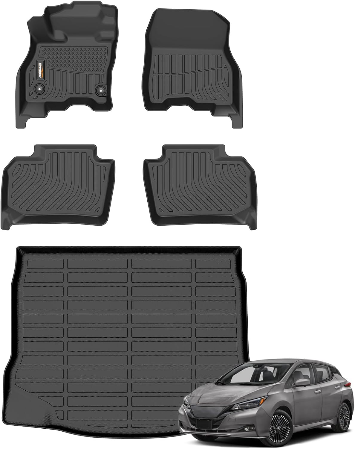 Binmotor-All Weather Car Floor Mats and Cargo Liner Set for Nissan Leaf 2018-2025, 2 Rows with Cargo Mat Set, TPE Rubber Liners for Nissan Leaf Accessories Mats Trunk Liner Mat-Black