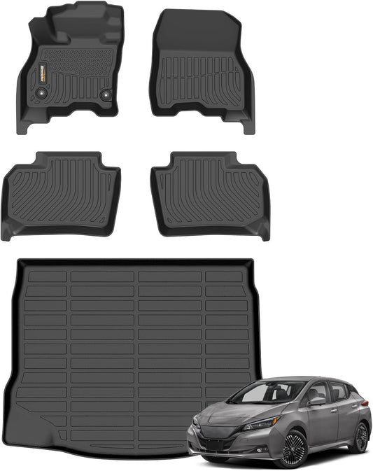 Binmotor-All Weather Car Floor Mats and Cargo Liner Set for Nissan Leaf 2018-2025, 2 Rows with Cargo Mat Set, TPE Rubber Liners for Nissan Leaf Accessories Mats Trunk Liner Mat-Black