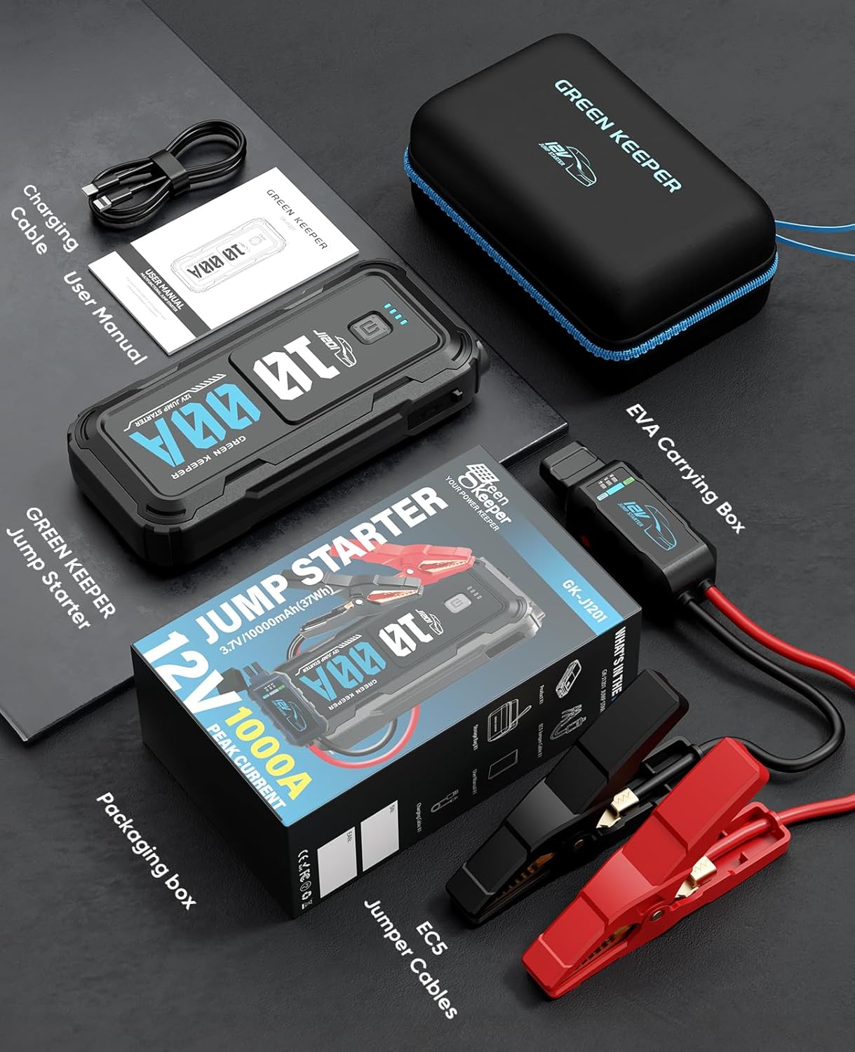 Portable Car Battery Jumper Starter 1000A Jump Box with Power Bank LED Light Protection Case for Car Emergency Kit, 12V Booster Pack Jump Starter with Heavy Duty Jump Cables, GREEN KEEPER GK-J1201