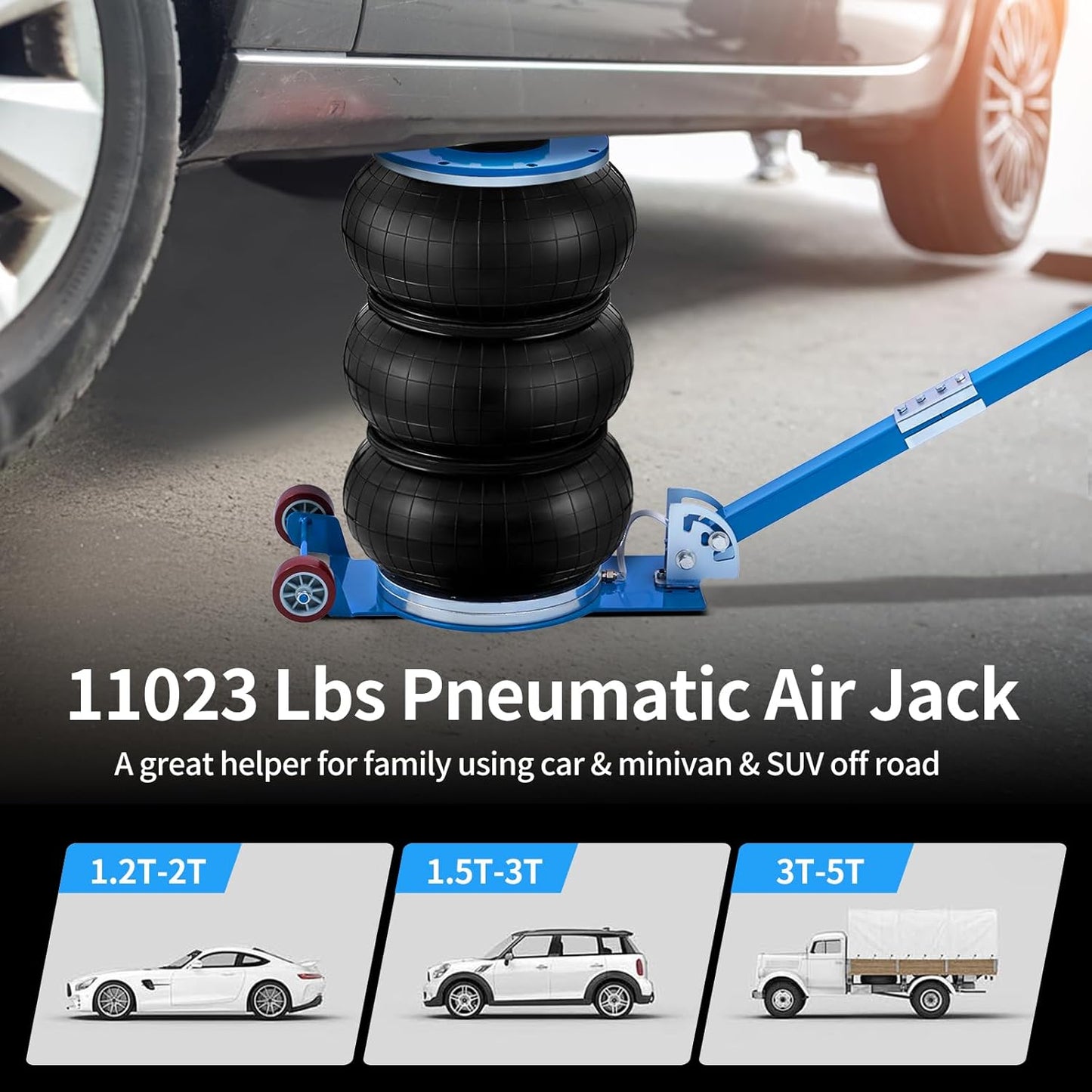 CXRCY 5 Ton Air Jack for Cars & Trucks - 11000LBS Capacity Pneumatic Airbag Jack with Adjustable Long Handle, Fast Lifting up to 16 Inch for Cars,Trucks (Blue Triple Bag Air Jack)
