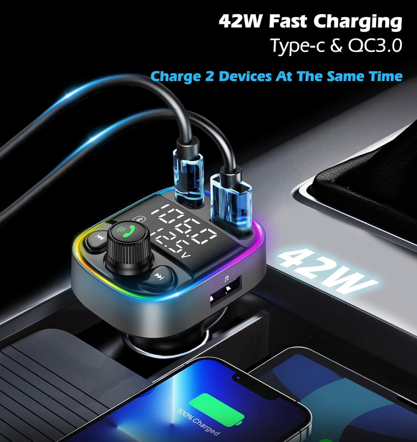 LIHAN AUX USB C Bluetooth Car Adapter, Wireless Handsfree Call, FM Transmitter Radio Receiver, QC3.0 & Type-C Car Charger, 7 Color Backlit with 2 LED Displays, TF Card & Music Stereo Player