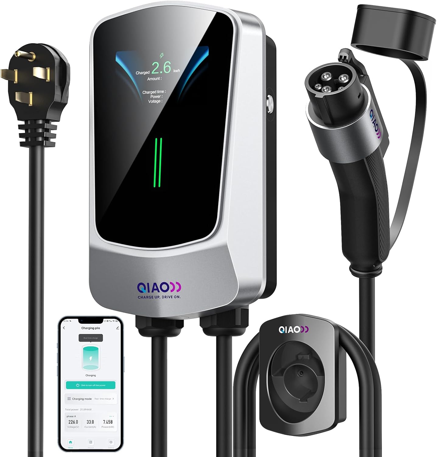 QIAO Level 2 EV Charger, Up to 40A Electric Car Charger, Wi-Fi Bluetooth APP Enabled EVSE, 4.3in Display, 25ft Cable, NEMA 14-50 Plug Charge Station Compatible with All SAE J1772 EV Models White