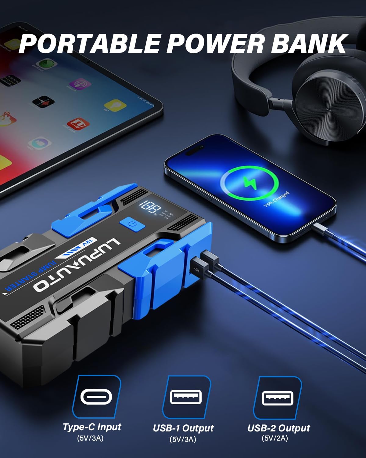 3000A Jump Starter, Portable Car Battery Jump Starter for Up to 9.0L Gas & 7.0L Diesel Engines, Car Battery Booster Pack with Built-in LED Light