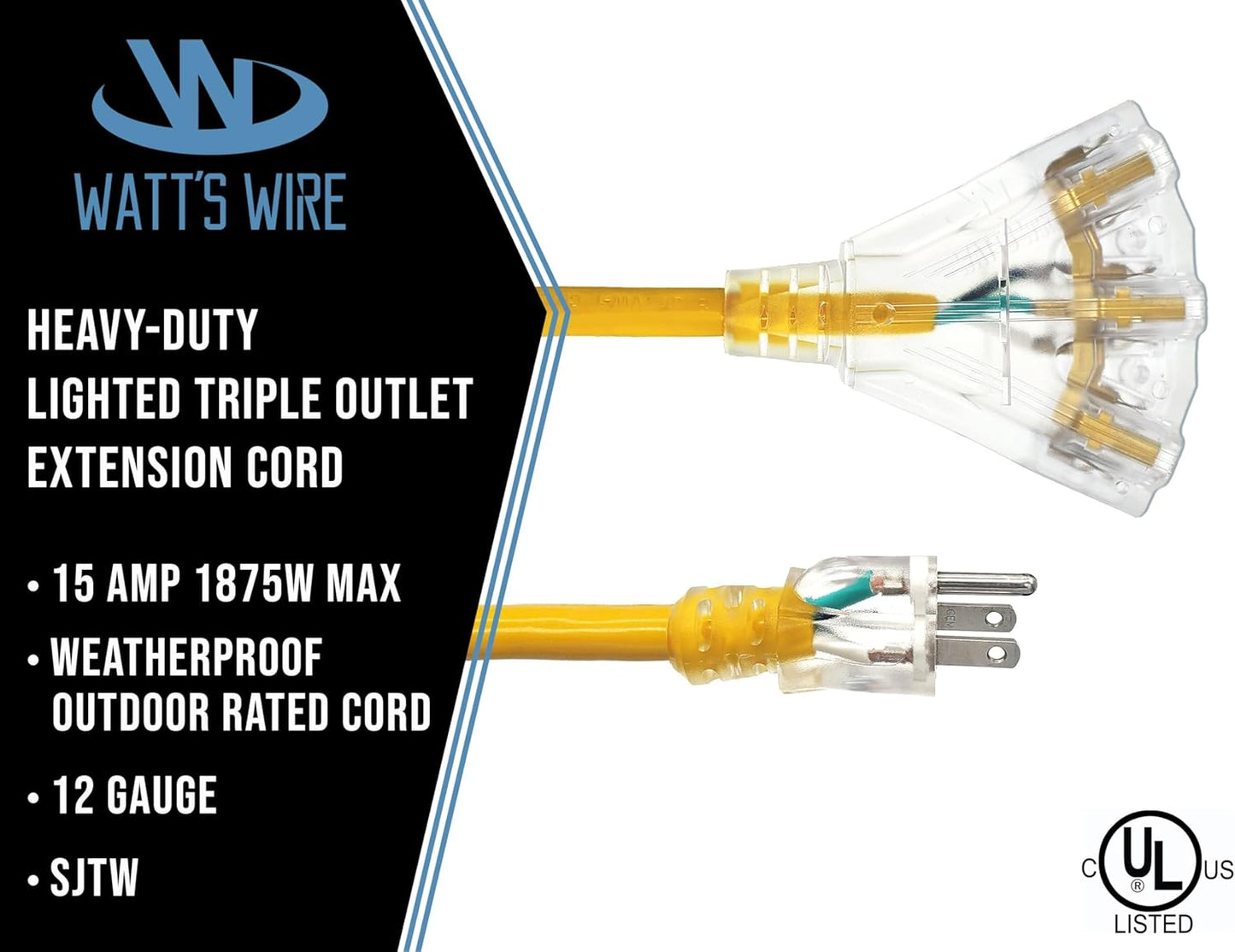 15 ft - 12 Gauge Heavy Duty Extension Cord - 3 Outlet Lighted SJTW - Indoor/Outdoor Extension_Cord by Watt's Wire - 15' 12-Gauge Grounded 15 Amp ExtensionCord