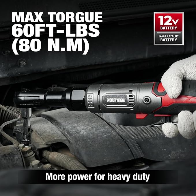 Alloyman 3/8" Cordless Ratchet Wrench Set, 60FT-LBS(80N.m) Electric Ratchet, 12V Extended Power Socket Wrench Set with Variable Speed, 6 Sockets, LED Light, 1/4" Adapter,1/2" Adapter,2 Batteries