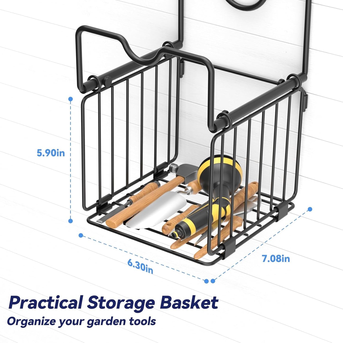 Garden Hose Holders for Outside Metal Water Hose Holder Wall Mount Hose Hanger with Storage Basket Heavy Duty Waterhose Holder for Outside Hose Rack Outdoor Hose Caddy Hook for Garden Organizer Black