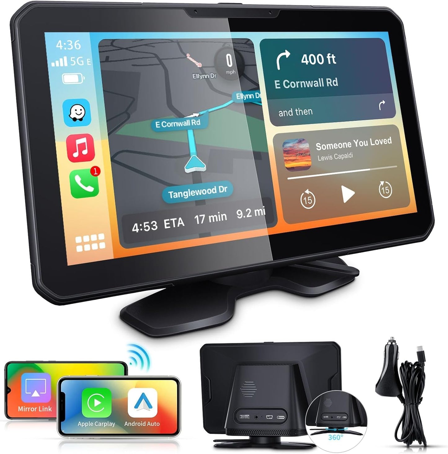 7" HD Apple Carplay Screen for Car，2-in-1 Wireless CarPlay Suitable for Apple CarPlay and Android Auto, Apple CarPlay with GPS Navigation, Voice Control, Mirror Link, Bluetooth for Most Vehicle