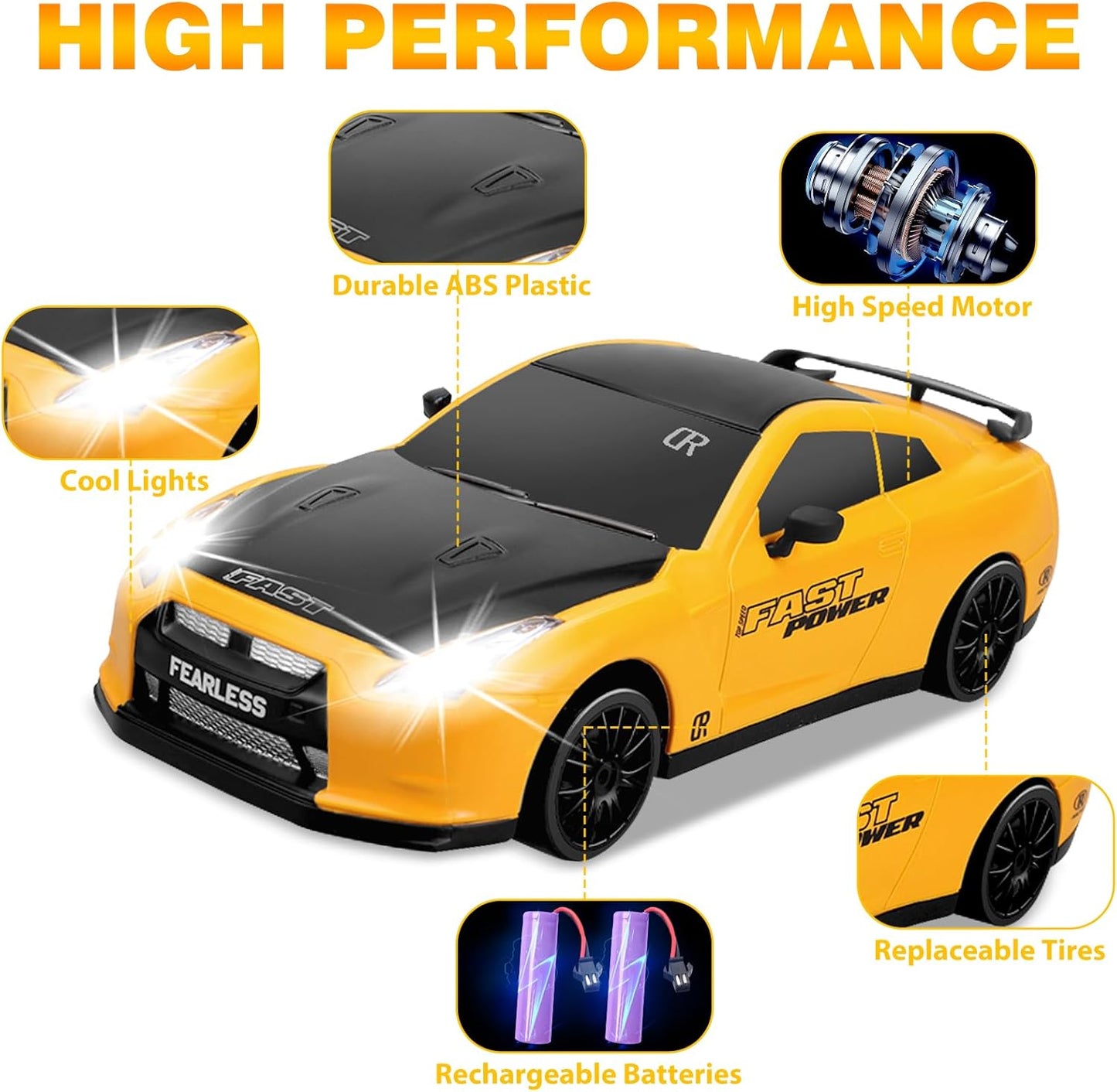 RC Drift Car 1/24 2.4GHz 4WD Remote Control Car, High Speed Drifting RC Cars with LED Lights, 2 Rechargeable Batteries and Drift Tires Racing Toy Cars for Kids (Yellow)
