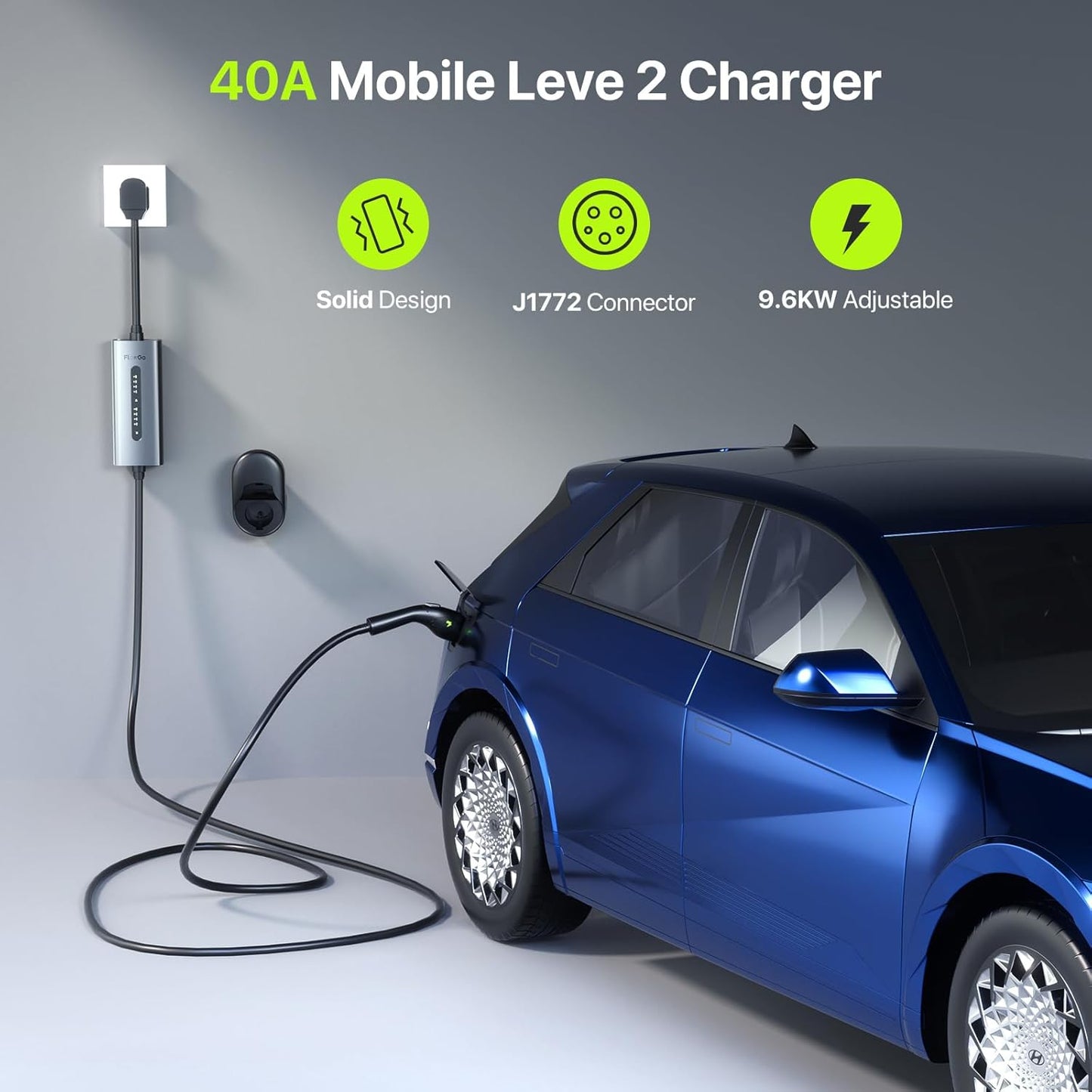 Level 2 EV Charger 40A J1772 Connector 9.6KW Electric Car Charger 240V with 14-50 Plug 25 FT Cable 15-40 Amps Adjustable Current Mobile Vehicle Charging Station for All EVs