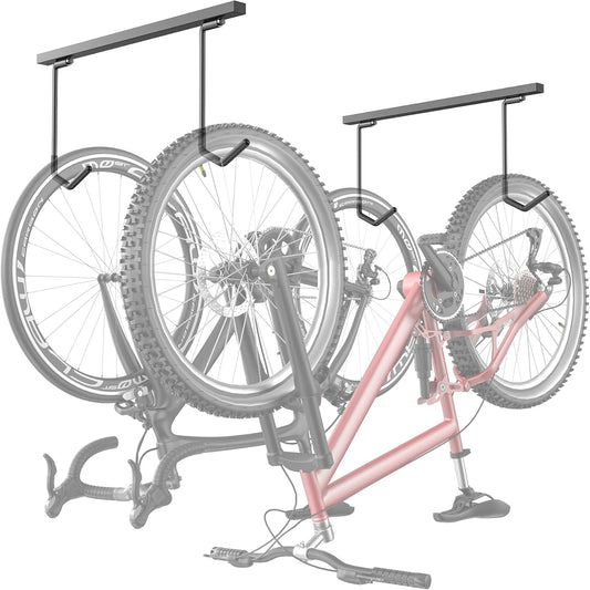 TORACK Overhead Bike Rack for Garage, Ceiling-Mounted Bicycle Storage Hooks for 2 Bikes (Horizontal) or 4 Bikes (Vertical), Adjustable Bicycle Hooks for Mountain, Road, and Kids' Bike